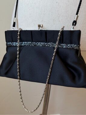 Black Satin Evening Clutch Purse Silver Bead Detail Small Chain Crossbody